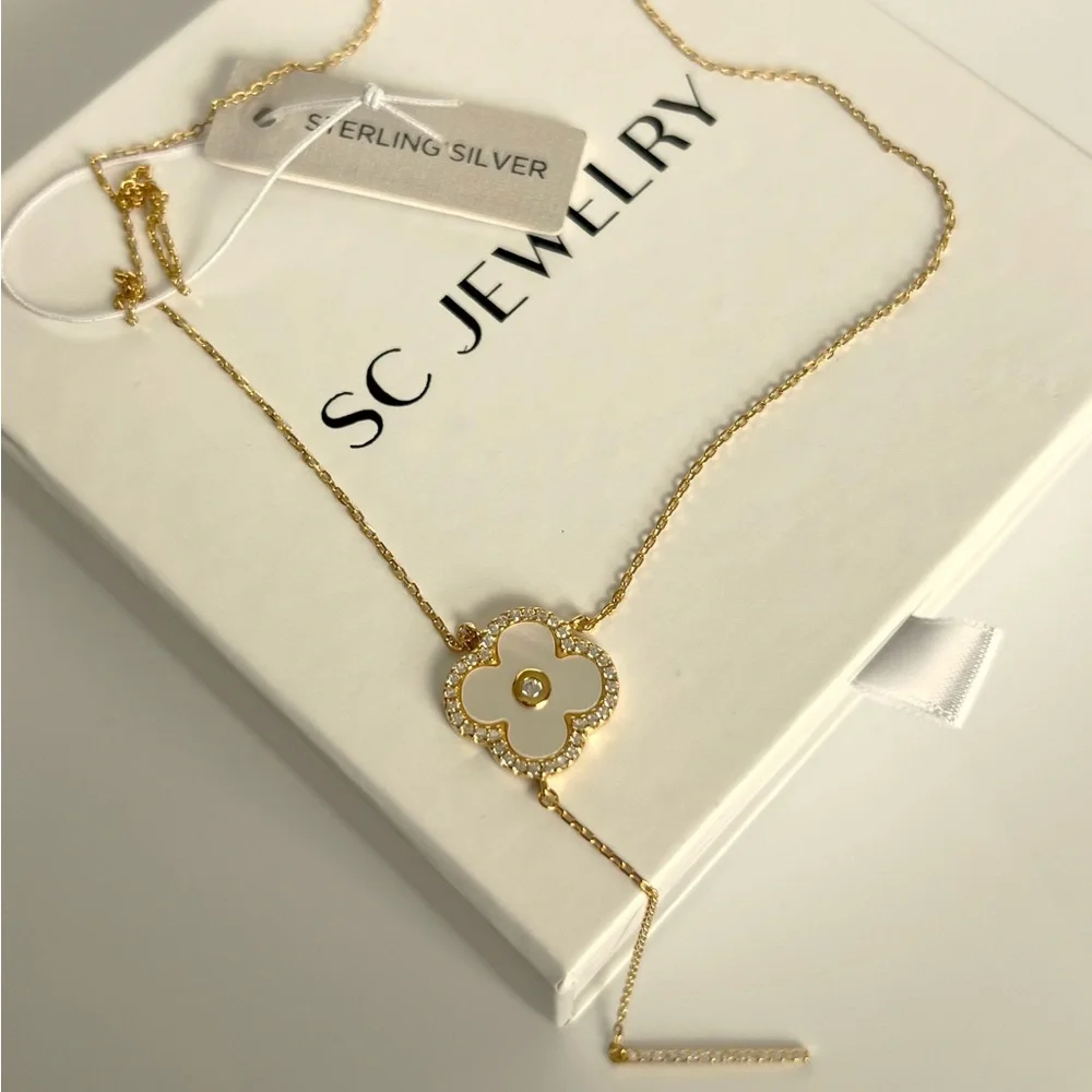 Rachel Zoe Clover Necklace Y Chain Zirconia Mother of Pearl 14k Gold Color - Picture 1 of 7
